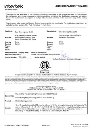 Rope light ETL certificate certificate of Glow-Grow Lighting Co., Ltd. – certificate photo, supplier certificates section