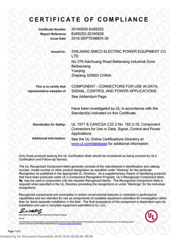 UL certification for heavy duty connector certificate of ZHEJIANG SMICO ELECTRIC POWER EQUIPMENT CO., LTD. – certificate photo, supplier certificates section