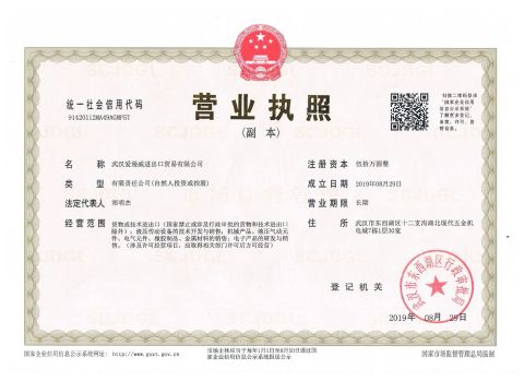 Business license certificate from Wuhan Emanway Import and Export Co., Ltd.