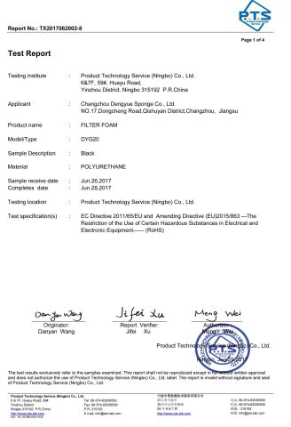 Filter Foam ROHS Test certificate from Changzhou Dengyue Polymer Group Co., Ltd.