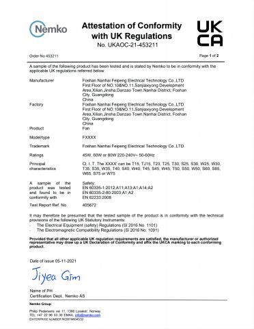 UKCA certificate from Foshan Jingshun Electrical Appliance Co., Ltd.