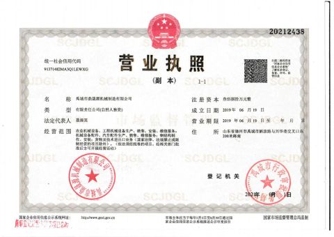 business permit certificate of Yucheng Dingshengyuan Machinery Manufacturing Co., Ltd – certificate photo, supplier certificates section