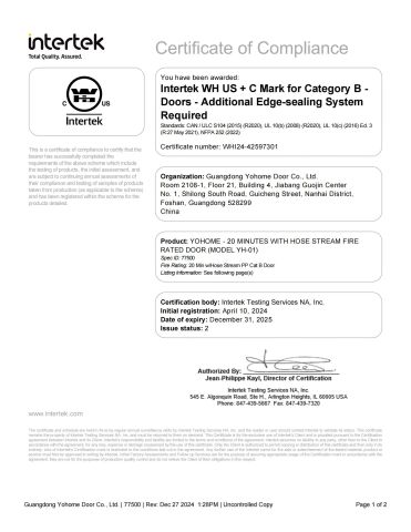 WH certificate from Guangdong Yohome Door Co., Ltd.