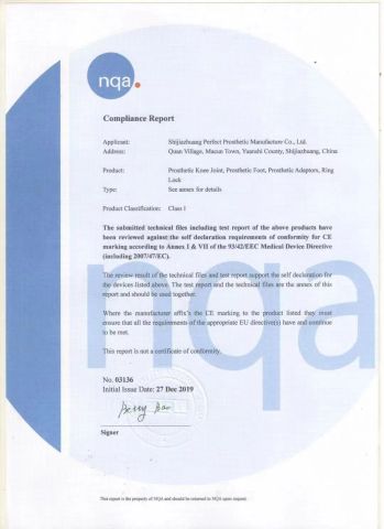 CE certificate from Shijiazhuang Perfect Prosthetic Manufacture Co., Ltd.