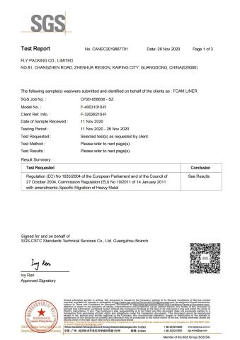 Foam Liners certificate from KAIPING FEILIYANG PACKING MATERIALS CO., LTD.