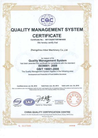 ISO certificate of Zhengzhou Inber Machinery Co., Ltd. – certificate photo, supplier certificates section