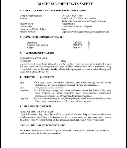 Material safety data sheet certificate from Charcoalnesia