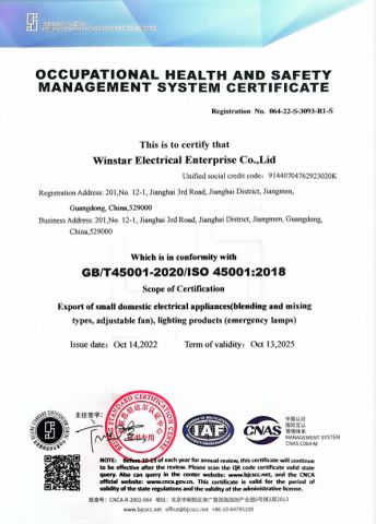 ISO 45001 certificate from Winstar Electrical Enterprise Company Limited
