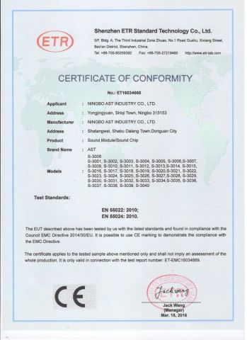 CE Certificate of Sound Module certificate of Dongguan AST Industry Co., Ltd. – certificate photo, supplier certificates section