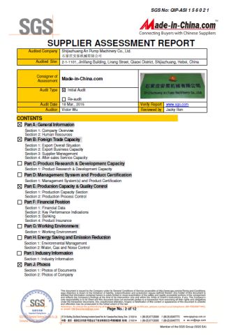 supplier accessment report certificate from Shijiazhuang An Pump Machinery Co., Ltd.