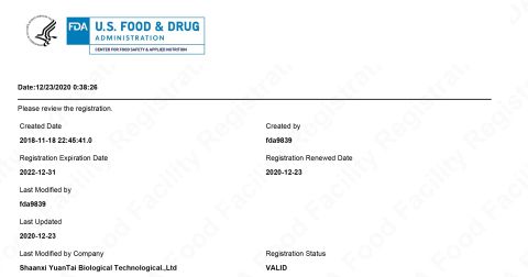 FDA certificate of Shaanxi Dongjiang Kangtai Health Industry Co., Ltd. – certificate photo, supplier certificates section