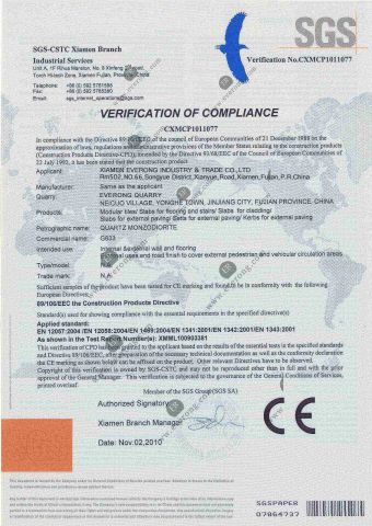 CE Certificates of G633 certificate from Xiamen Everong Industry&Trade Co., Ltd.