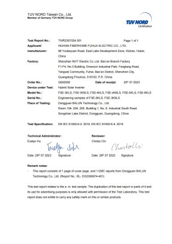 EMC for INVERTER certificate from Wuhan Fiberhome Fuhua Electric Co., Ltd.