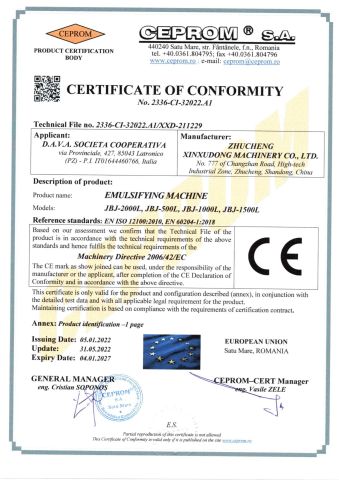 EMULSIFYING MACHINE certificate of ZHUCHENG XINXUDONG MACHINERY CO., LTD. – certificate photo, supplier certificates section