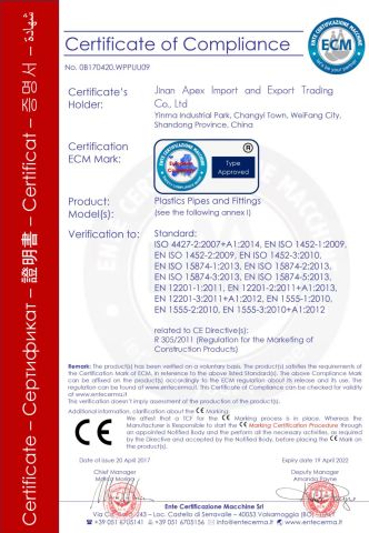 CE certificate from Jinan Apex Import and Export Trading Co., Ltd