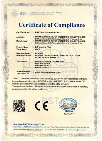 CE certificate from Hunan Dawning Environmental Protection Equipment Co., Ltd.