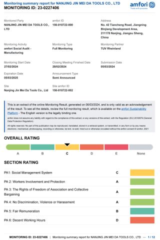 BSCI Certificate certificate from Nanjing Jinmeida Tools Co.,Ltd