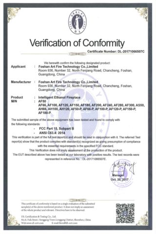EUT-CE certificate from Foshan Art Fire Technology Co., Limited