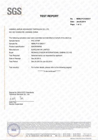 UV EXPOSURE certificate from Haining Jiarun Advanced Tarpaulin Co., Ltd.