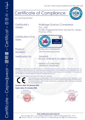CE Certificate of Screw Air Compressor certificate from Wallboge (Suzhou) Compressor Co., Ltd.