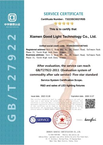 After Sale Service certificate from Xiamen Good Light Technology Co., Ltd.