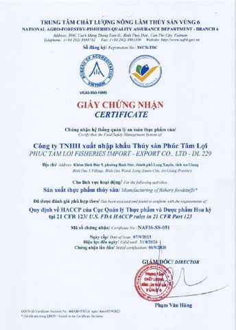HACCP certificate from Phuc Tam Loi Group