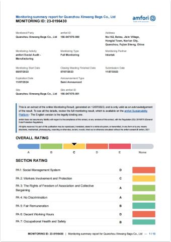 BSCI certificate of Quanzhou Xinwang Bags Co., Ltd. – certificate photo, supplier certificates section