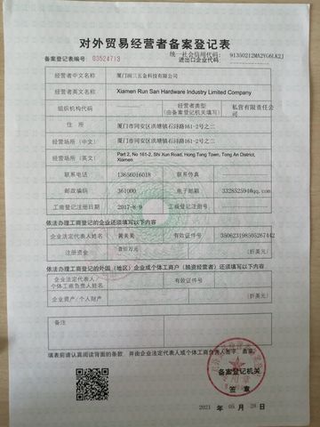 License Photo certificate from Xiamen Run San Hardware Industry Limited Company