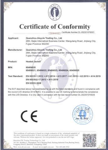 CE of HEATED JACKET certificate from Quanzhou Aisycle Trading Co., Ltd.