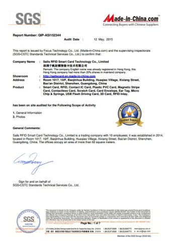 SGS REPORT certificate of Sails RFID Smart Card Technology Co., Limited – certificate photo, supplier certificates section