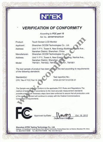POS Monitor FCC Certificate certificate from OCOM Technologies Limited