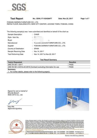 SGS Test Report certificate from Foshan Darwin Furniture Co., Ltd.