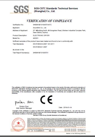 201 Dryer CE certificate from Soundlink Co., Ltd.