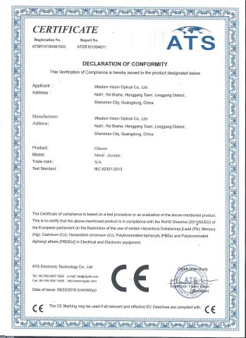 CE certificate for glasses certificate of Wisdom Vision Optical Co., Ltd – certificate photo, supplier certificates section
