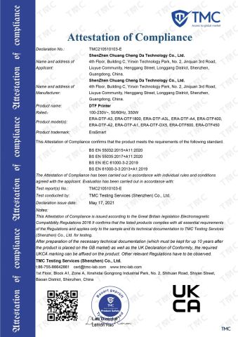 DTF Printer Certification certificate from Shenzhen Chuang Cheng Da Technology Co., Ltd.