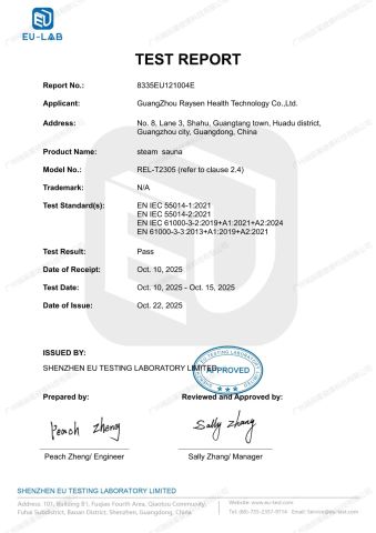test report certificate from Guangzhou Raysen Health Technology Co., Ltd.