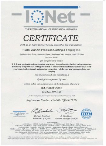 ISO certificate from Hubei Wanxin Precision Casting & Forging Inc.