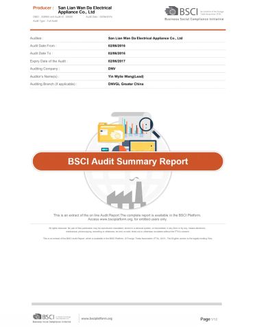BSCI certificate from Foshan Jcf Electrical Appliance Co., Ltd.