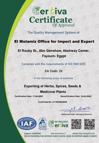 ISO 9001:2015 certificate from Elmotmiz Herbs