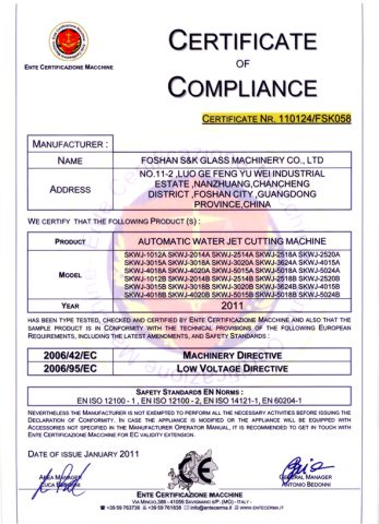 CE CERTIFICATE OF WATER JET MACHINE certificate from Guangzhou S&K Glass Machinery Co., Ltd.