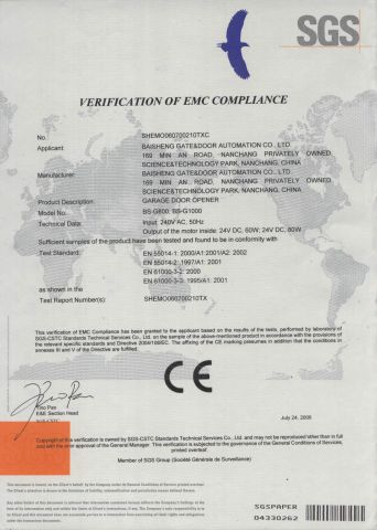 GARAGE DOOR OPENER,G800,G1000(EMC OF CE) certificate from BISEN SMART ACCESS CO., LTD.