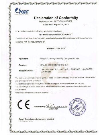 CE for chipper shredder certificate from Ningbo Lizhong Industry Co., Ltd.