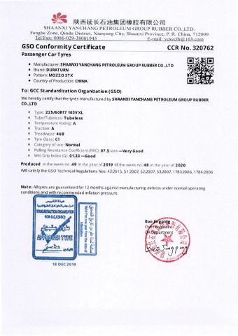 GCC certificate from SHAANXI CARSEEN TYRE CO., LTD.