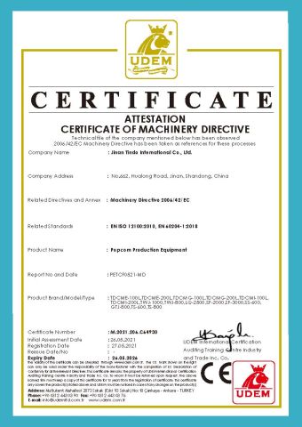 CE for Popcorn certificate from Jinan Tindo International Co., Ltd.