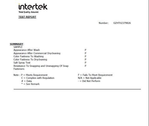 Testing report certificate from Shenzhen Jiuzhou Weili Garment Accessories Co., Ltd.