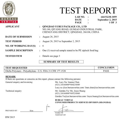 FDA certificate from Qingdao Yurui Package Co., Ltd.