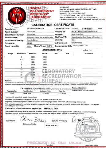 calibration certificate for digital micrometer certificate from Shenzhen Pride Instrument Inc.