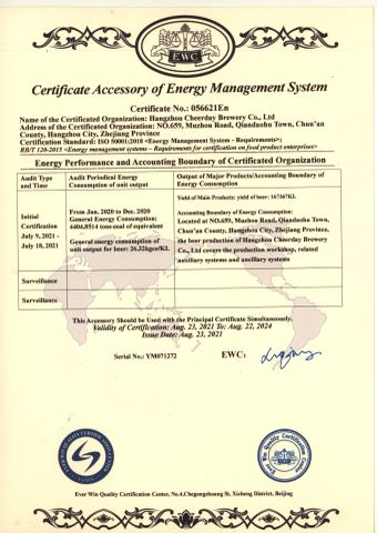 ISO50001 certificate from Hangzhou Cheerday Brewery Co., Ltd.