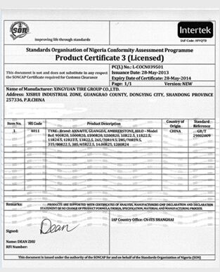 SONCAP certificate of Qingdao Vistar Tire Co., Ltd. – certificate photo, supplier certificates section