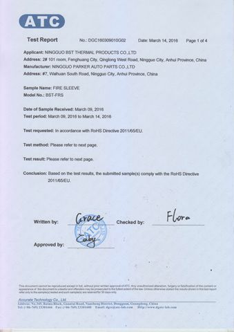 BSTFLEX silicone fiberglass fireproof sleeve REACH certificate from NINGGUO BST THERMAL PRODUCTS CO., LTD.